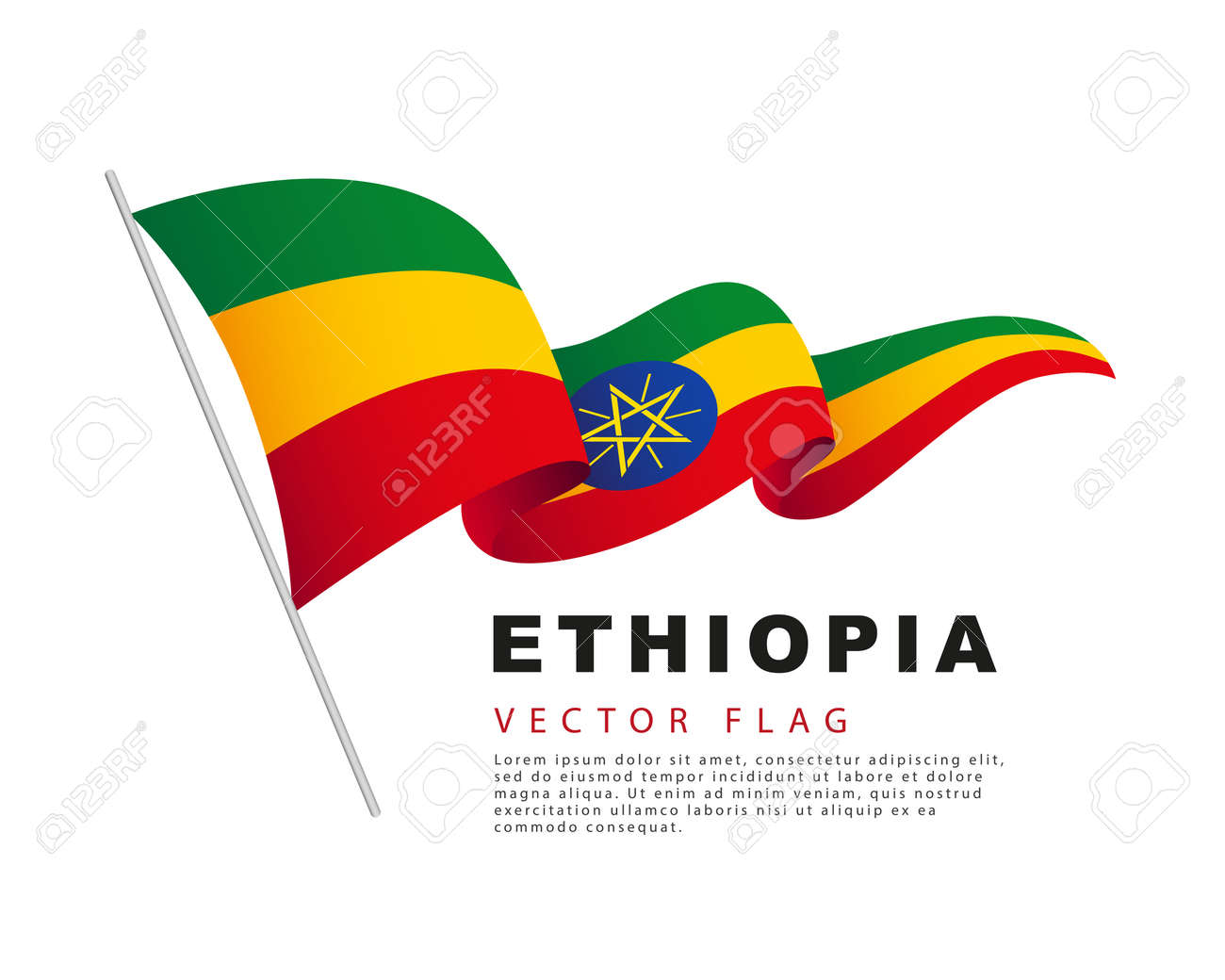 The Flag Of Ethiopia Hangs On A Flagpole And Flutters In The Wind. Vector  Illustration Isolated On White Background. Colorful Ethiopian Flag Logo.  Клипарты, SVG, векторы, и Набор Иллюстраций Без Оплаты Отчислений.