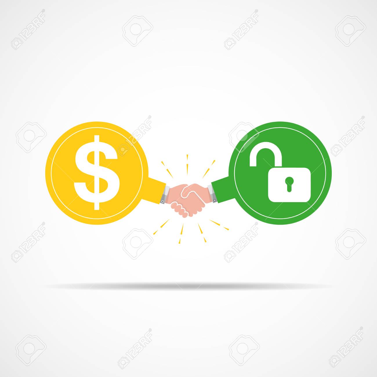 symbol of handshake between dollar signs and open lock illustration