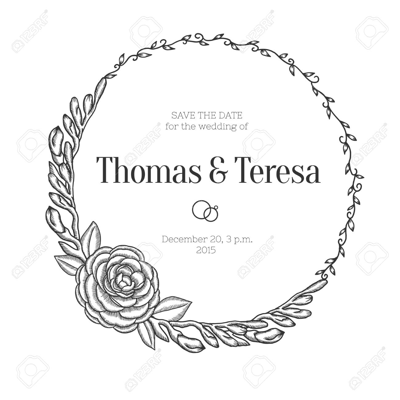 手描きの花の結婚式の招待状 ヴィンテージの丸い花輪 ベクトルの図 のイラスト素材 ベクタ Image