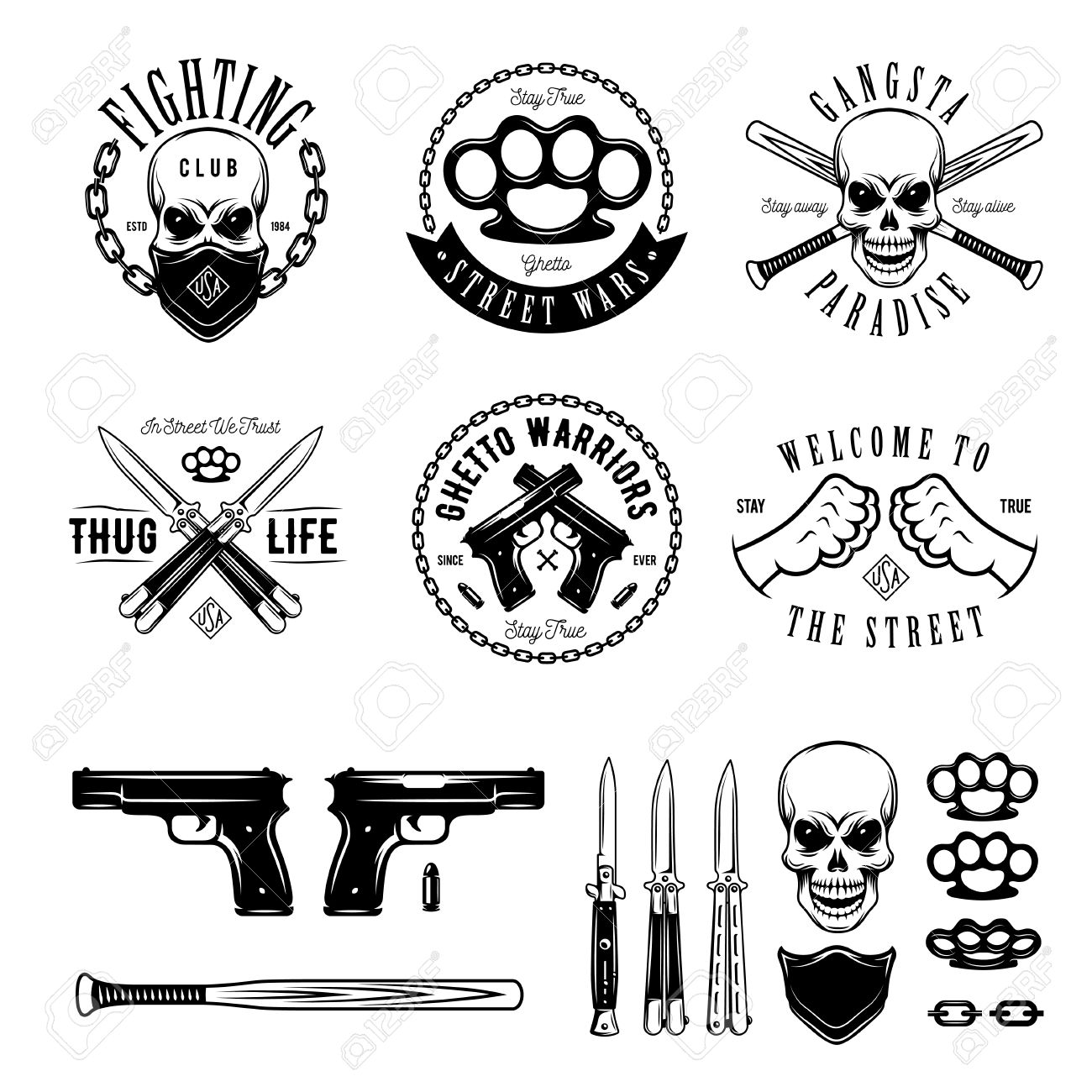 Gangster labels badges emblems design elements set Gangsta style quotes Thug life Stay