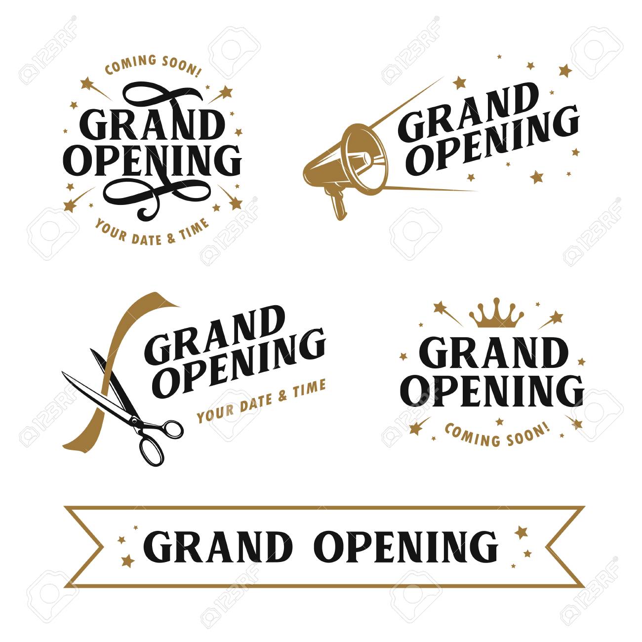 Grand opening templates set. Lettering design elements for opening ceremony. Retro style typography. Vector vintage illustration. - 110505276 Grand opening templates set. Lettering design elements for opening ceremony. Retro style typography. Vector vintage illustration. - 110505276