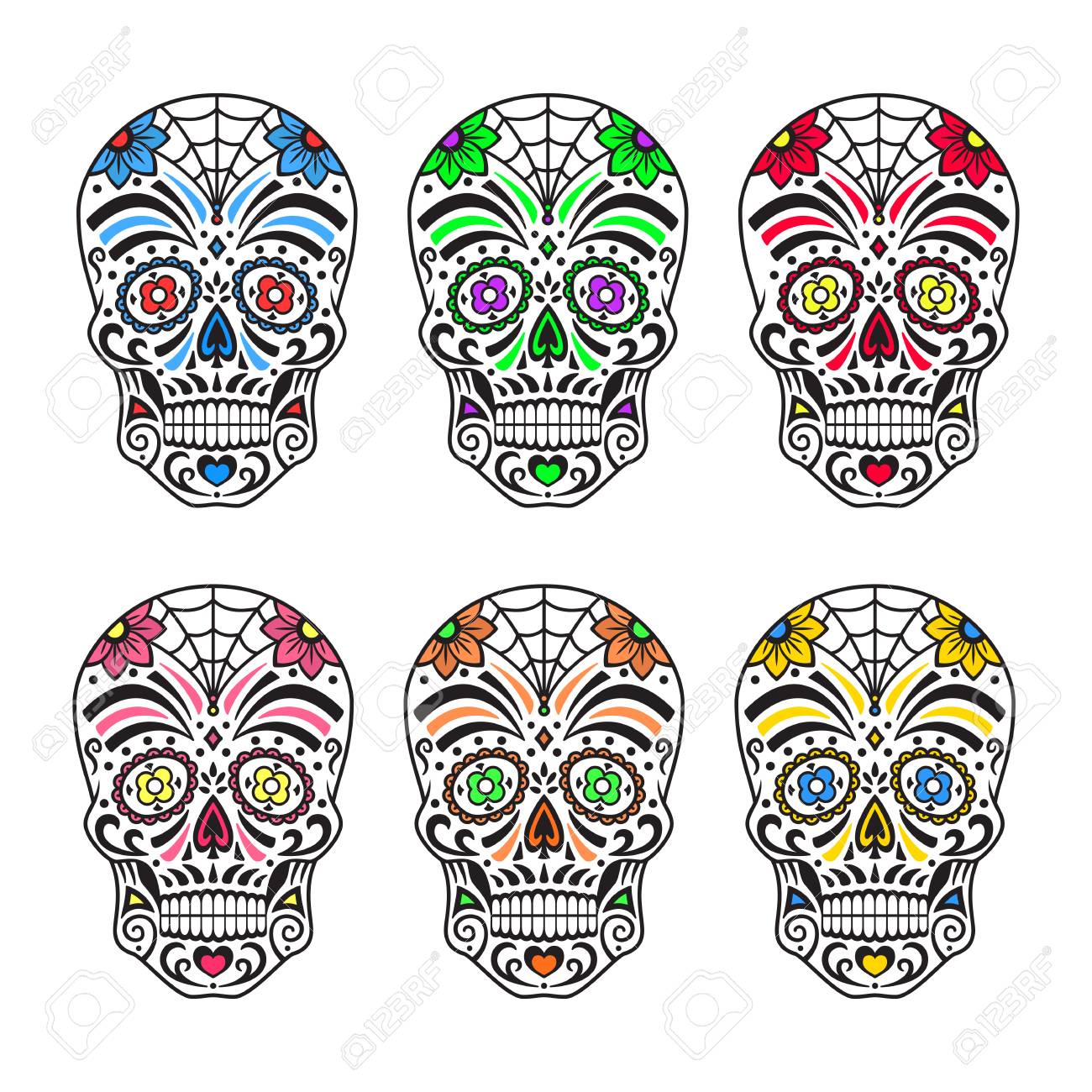 sugar skulls set colorful tattoos mexican day of the dead