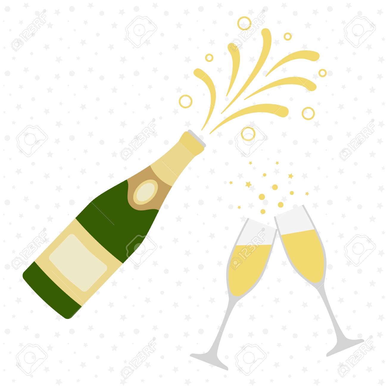 シャンパンボトルの爆発とシャンパングラス2つ 歓声 お 祝い ホリデートーストベクトルイラストのイラスト素材 ベクタ Image