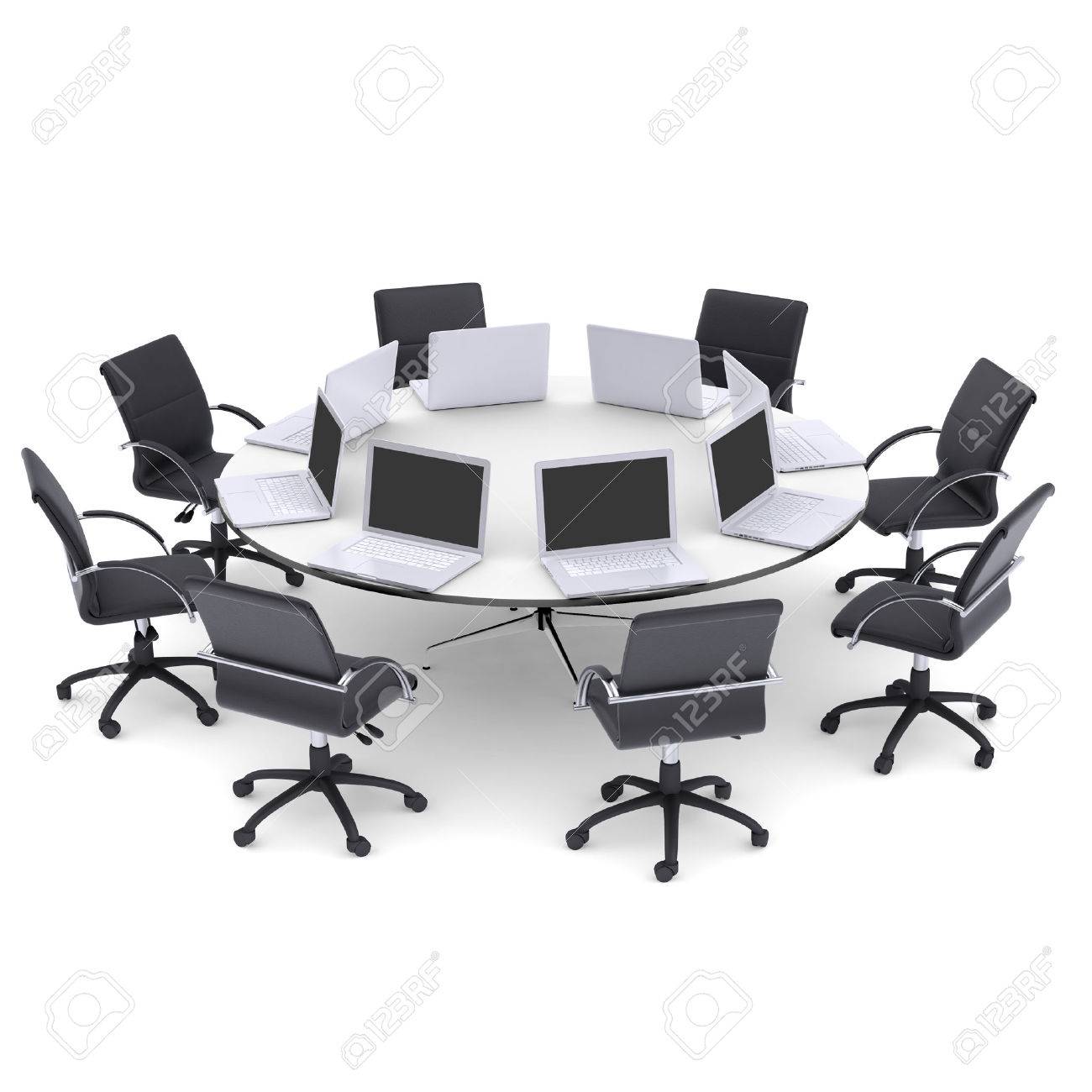 Laptops On The Office Round Table And Chairs Isolated Render Stock Photo