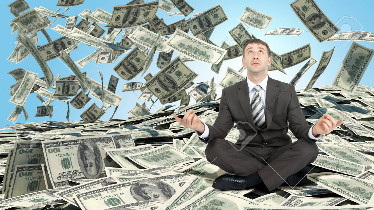 Businessman Sitting In Lotus Posture On Pile Of Cash Stock Photo, Picture  and Royalty Free Image. Image 51800795., image size:1300x731