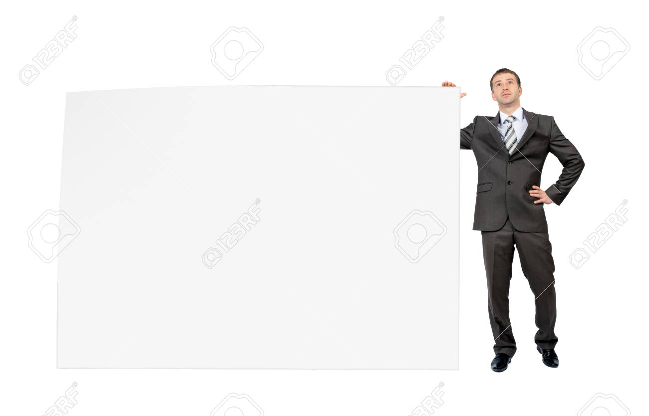 businessman with big blank piece of paper isolated on white