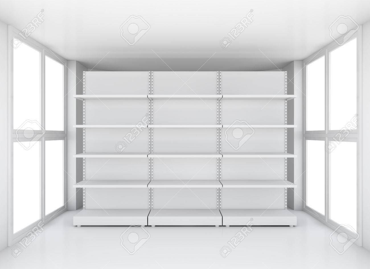 White Empty Supermarket Retail Store Shelves In Clean Exhibition Room 3D Illustration Stock White Empty Supermarket Retail Store Shelves In Clean Exhibition Room 3D Illustration Stock