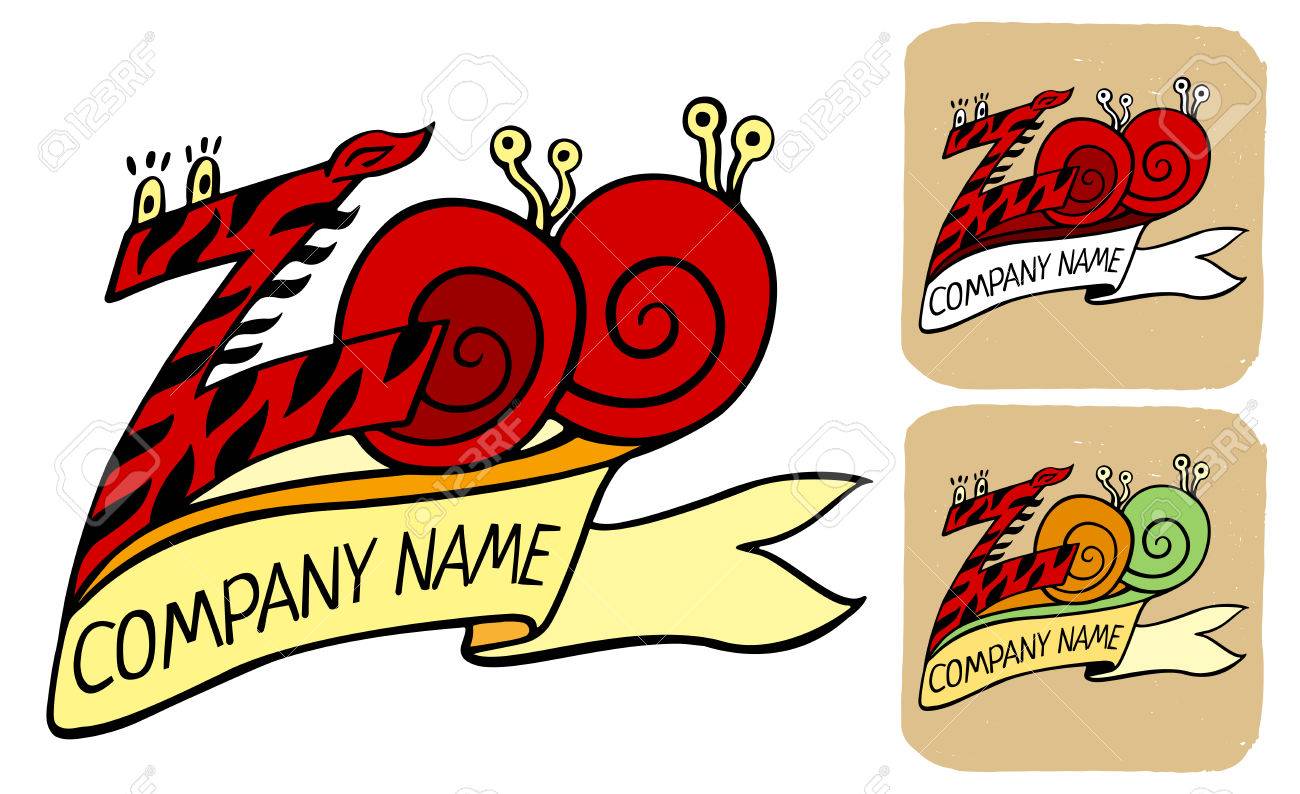 zoo logo or label in zebra pattern and snails with ribbon title