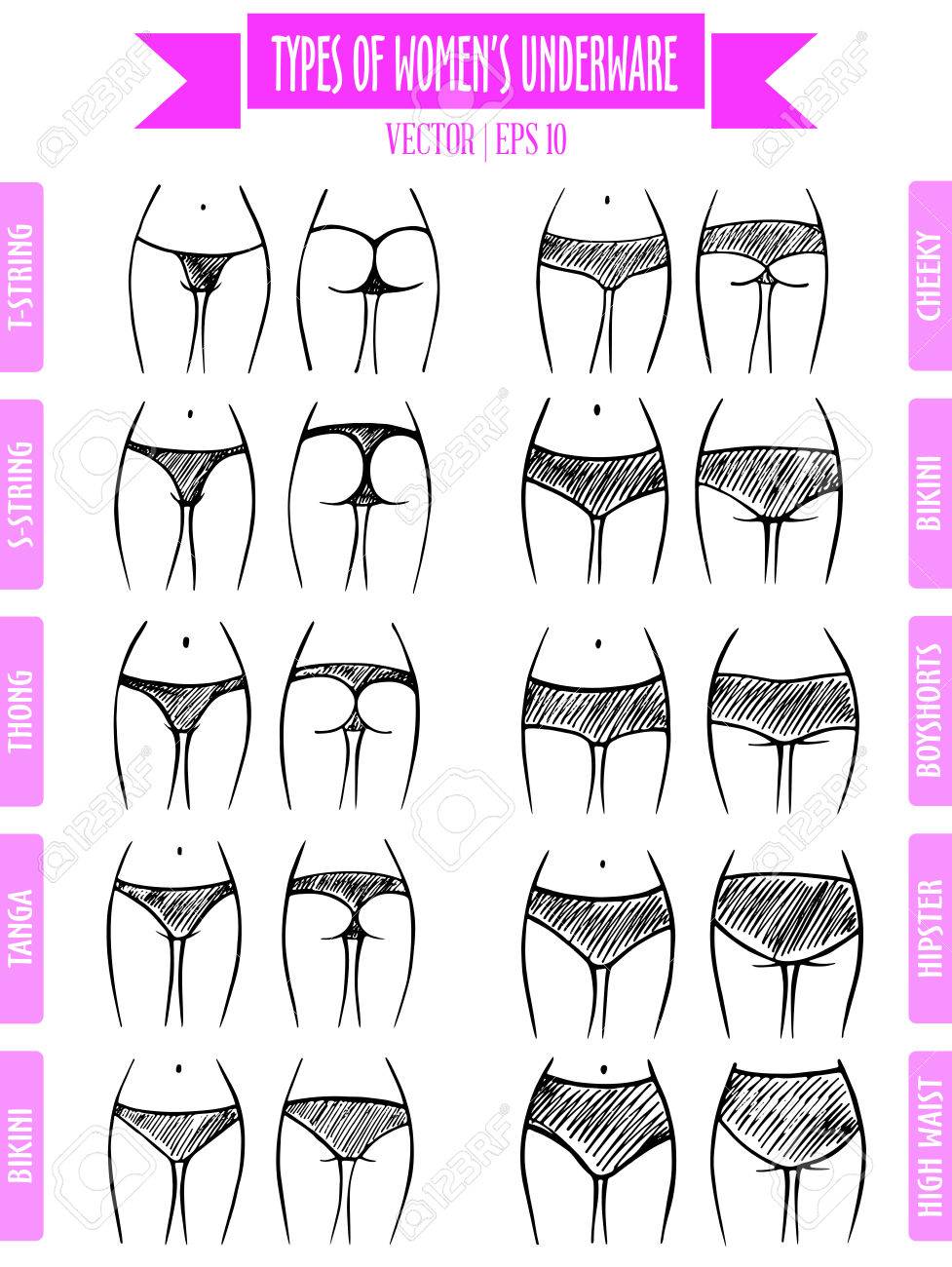手は女性のパンティーの種類を描画します 下着のベクトルを設定します スタイルをスケッチします のイラスト素材 ベクタ Image