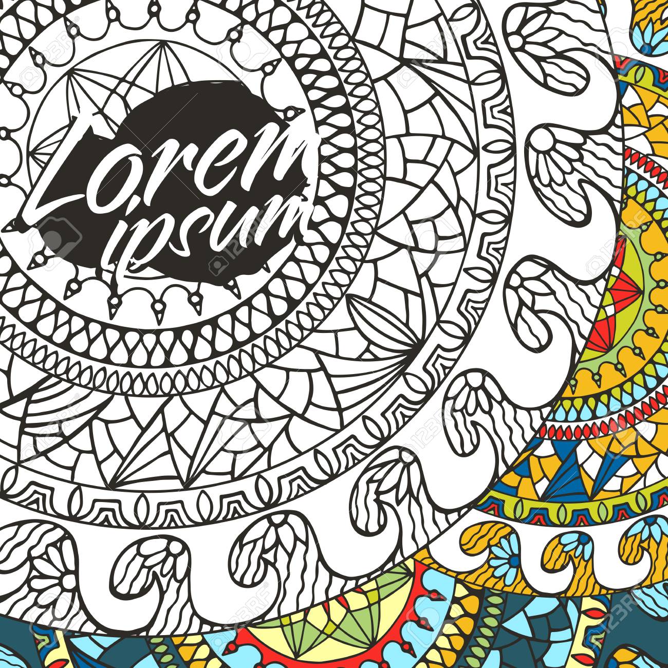 Black And White Ornamental Circle With Doodle Colorful Design