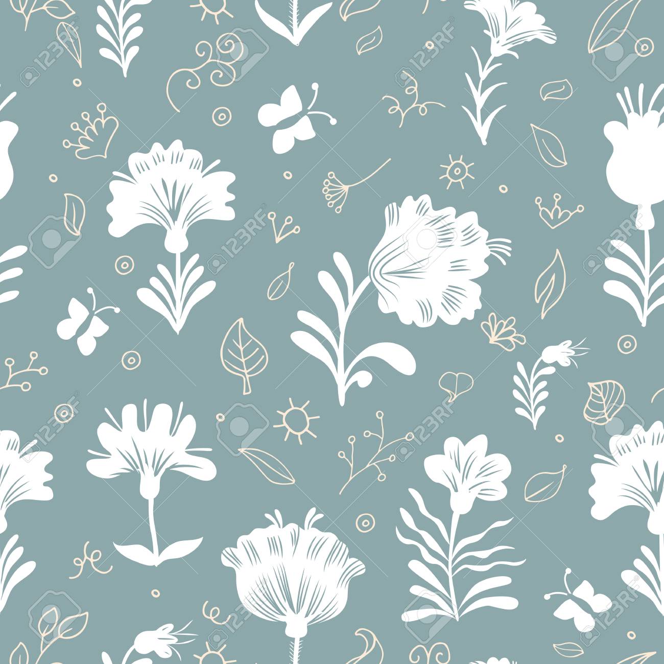 Seamless Floral Wallpaper Pattern In Classic Style With Flowers And Doodle Elements Beige And White Ornament On Blue Background Royalty Free Svg Cliparts Vectors And Stock Illustration Image