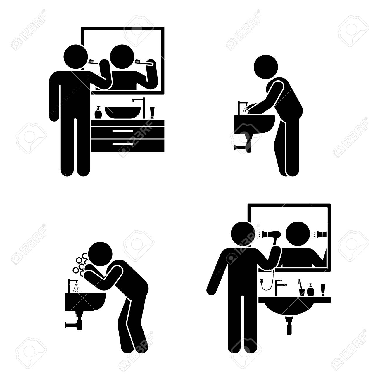 Ensemble de salle de bain hygiène personnelle. Illustration vectorielle de brossage des dents, lavage des mains et du visage, pictogramme de séchage Ensemble de salle de bain hygiène personnelle. Illustration vectorielle de brossage des dents, lavage des mains et du visage, pictogramme de séchage