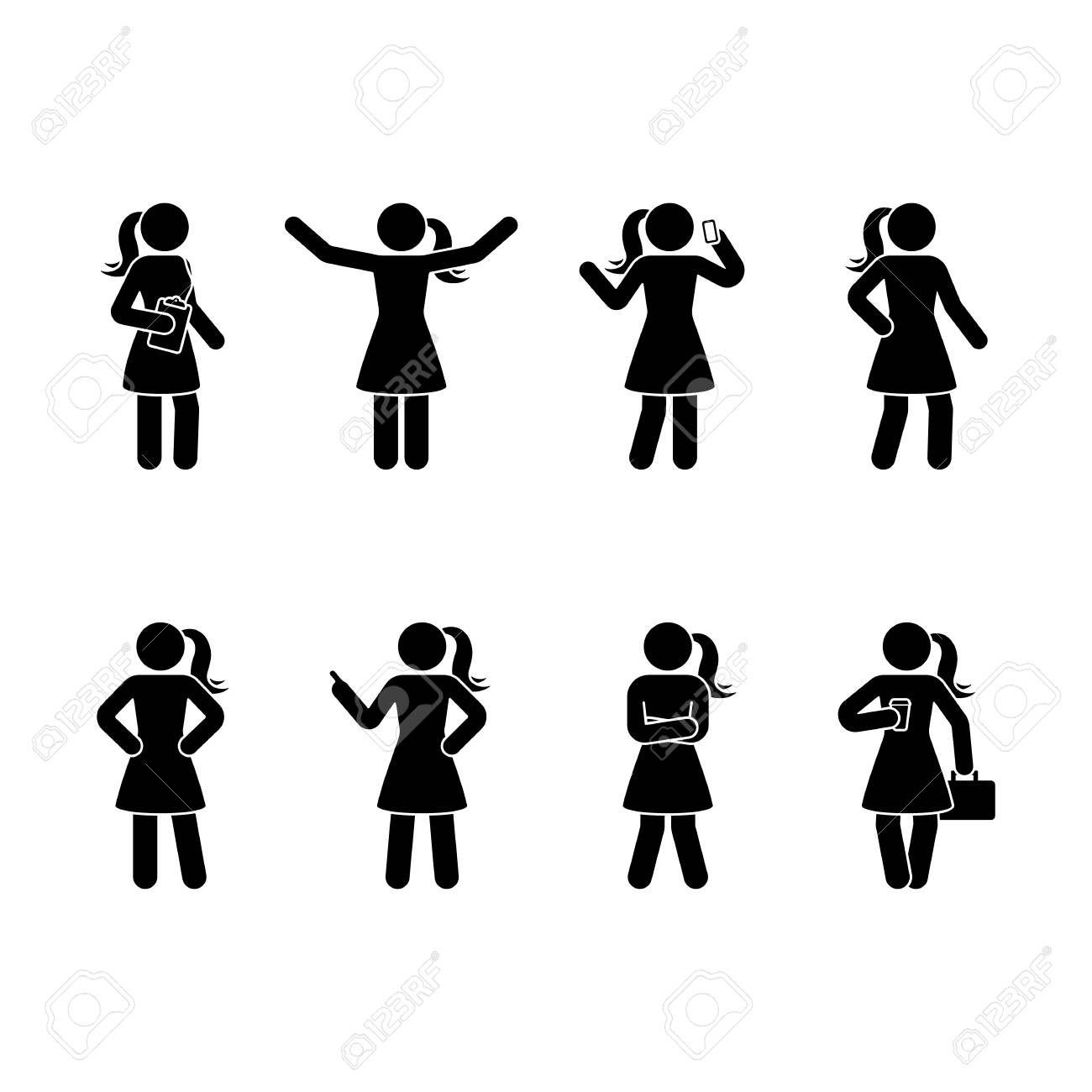 Stick Figure Business Woman Standing Set Vector Illustration Of Different  Human Poses On White Background. Royalty Free SVG, Cliparts, Vectors, And  Stock Illustration. Image 100074081.