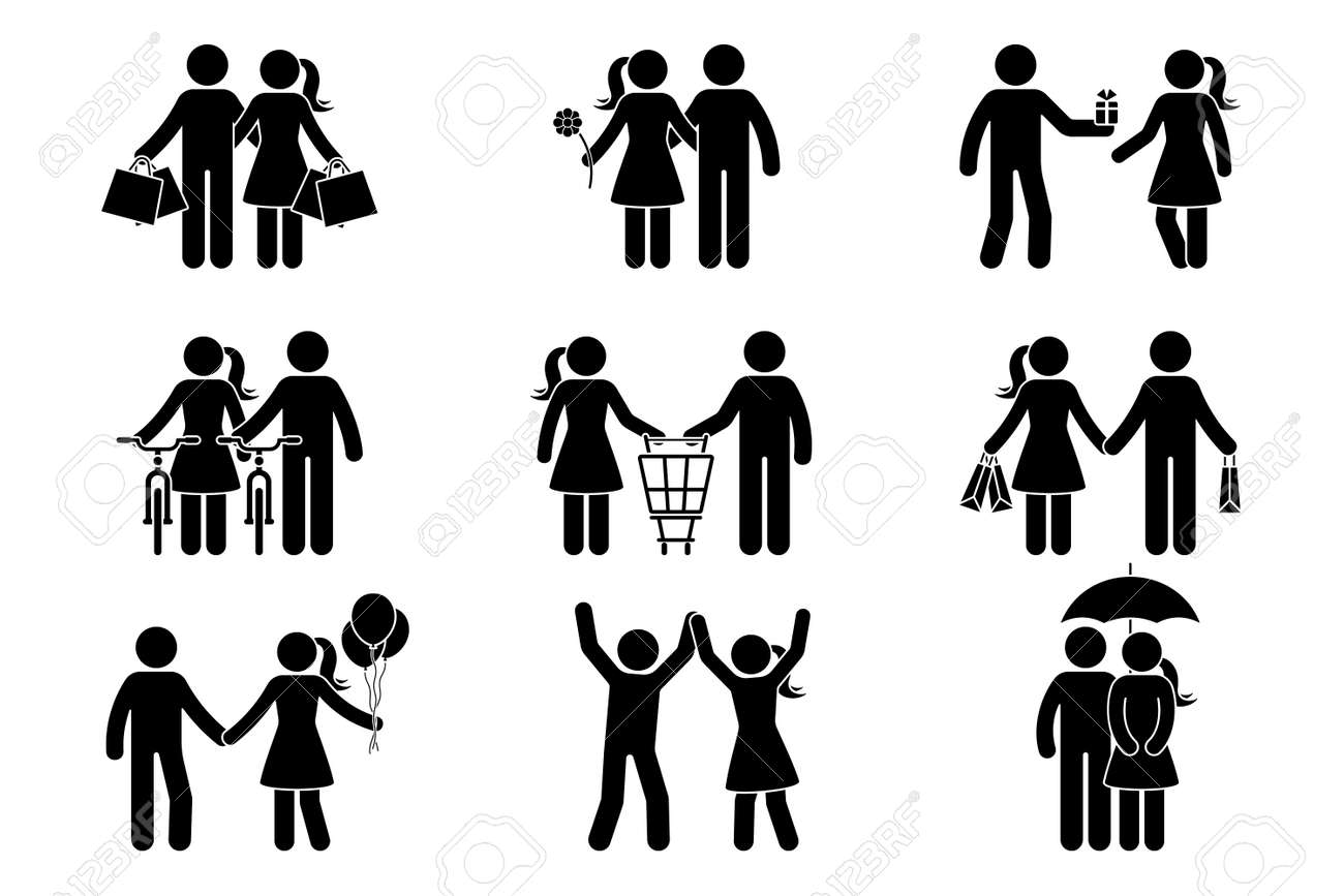 Stick figure couple man, woman, male, female, boy, girl, spending time. Shopping, dating, giving present, riding bike, standing with balloons, dancing, hiding under umbrella icon vector pictogram - 169786151 Stick figure couple man, woman, male, female, boy, girl, spending time. Shopping, dating, giving present, riding bike, standing with balloons, dancing, hiding under umbrella icon vector pictogram - 169786151