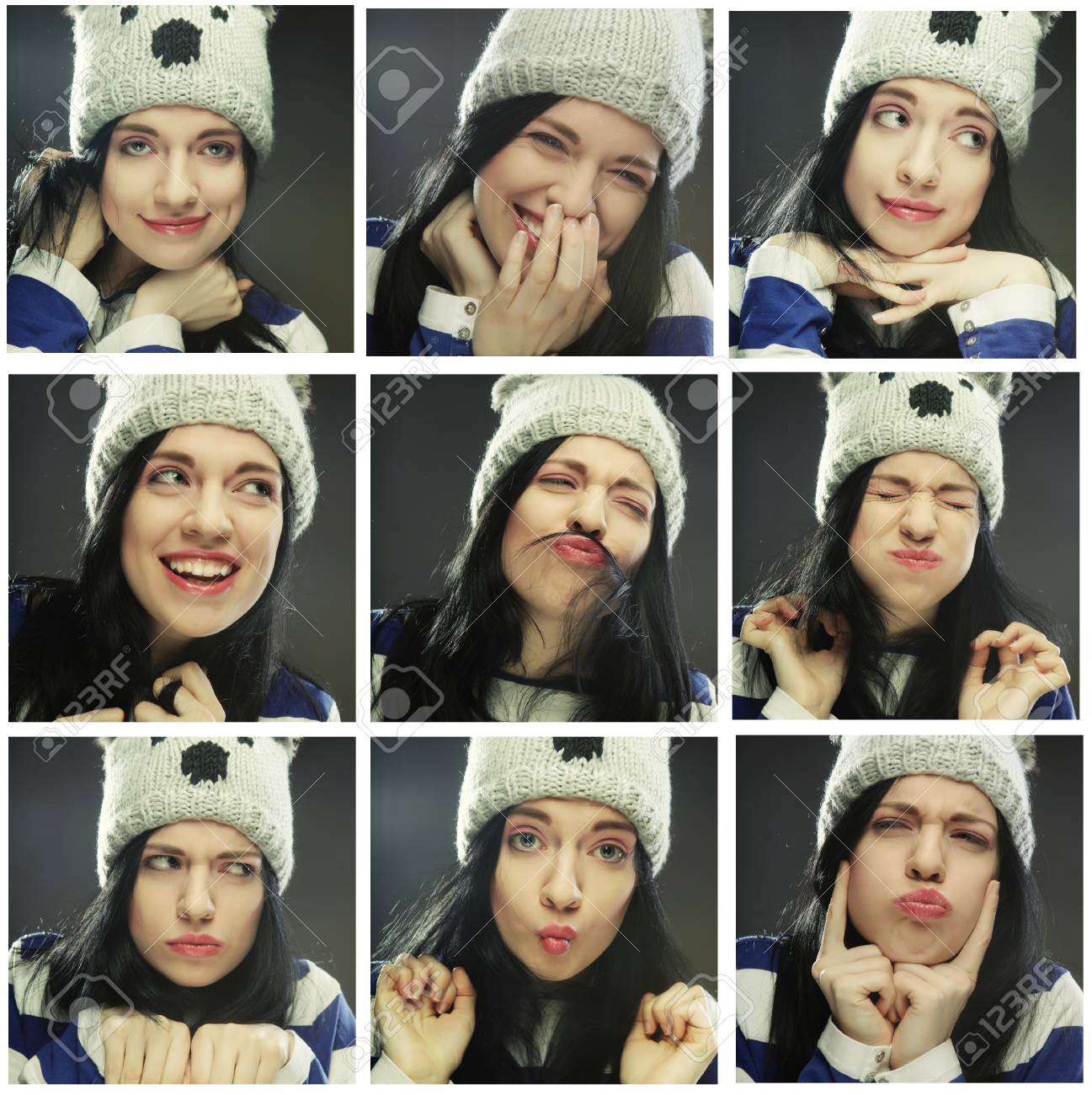 collage of the same woman in winter hat making diferent expressions
