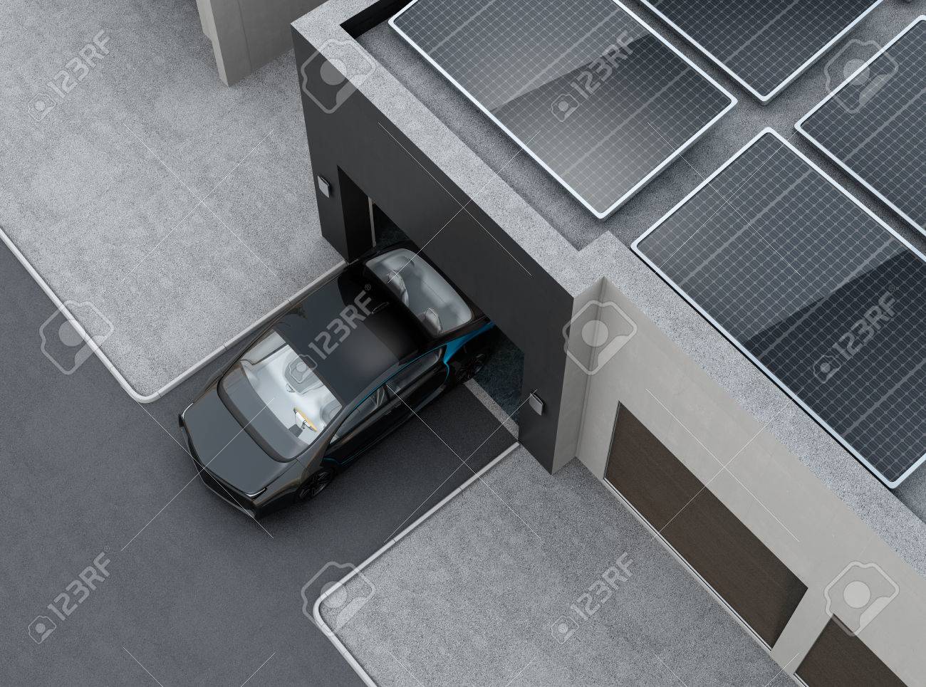 ガレージの前に黒い車 屋根には 太陽エネルギーのソーラー パネルです 3 D レンダリング イメージ の写真素材 画像素材 Image ガレージの前に黒い車 屋根には 太陽エネルギーのソーラー パネルです 3 D レンダリング イメージ の写真素材 画像素材 Image