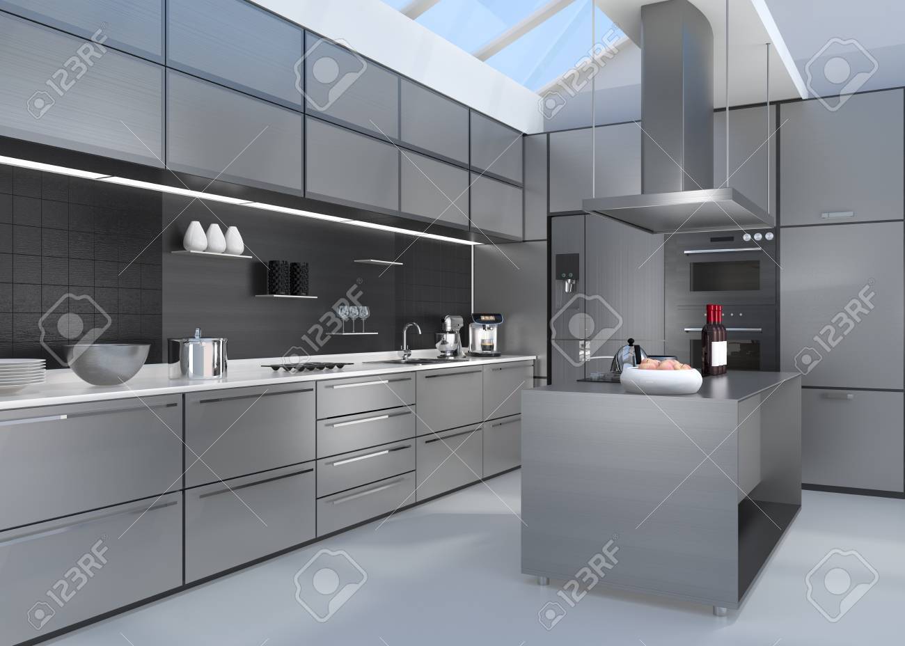 Modern kitchen interior with smart appliances in silver color coordination. 3D rendering image. - 56725424 Modern kitchen interior with smart appliances in silver color coordination. 3D rendering image. - 56725424