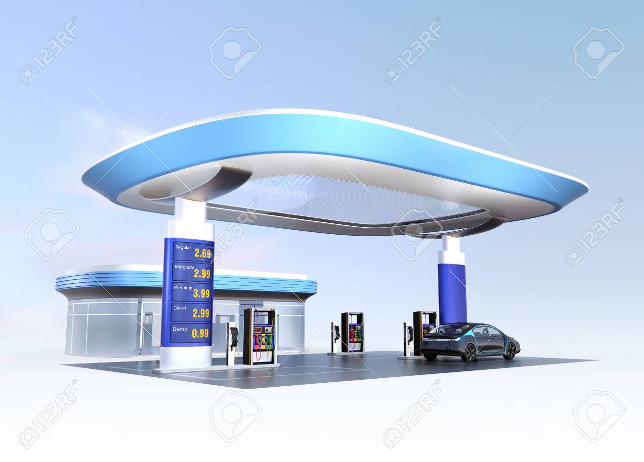 Contemporary EV charging station and gas station design for new energy supply concpet. 3D rendering image. - 65714900 Contemporary EV charging station and gas station design for new energy supply concpet. 3D rendering image. - 65714900