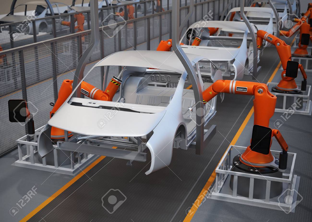 Electric vehicles body assembly line. 3D rendering image. - 65714907 Electric vehicles body assembly line. 3D rendering image. - 65714907