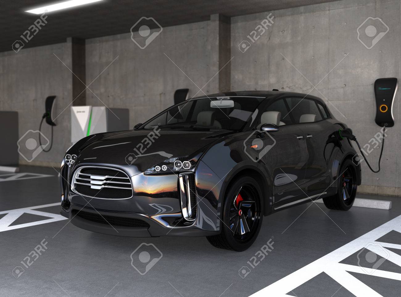 Black electric SUV recharging in parking garage. 3D rendering image. original design. - 65788206 Black electric SUV recharging in parking garage. 3D rendering image. original design. - 65788206
