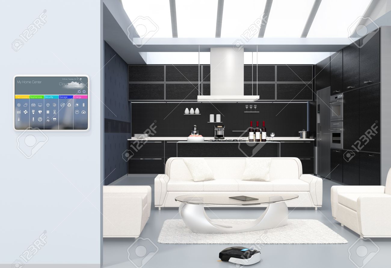 Home automation control panel on the kitchen wall. 3D rendering image. - 65788233 Home automation control panel on the kitchen wall. 3D rendering image. - 65788233