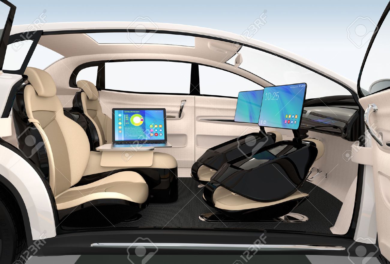 Autonomous car interior design. Concept for new business work style when moving on the road. 3D rendering image. - 65999650 Autonomous car interior design. Concept for new business work style when moving on the road. 3D rendering image. - 65999650