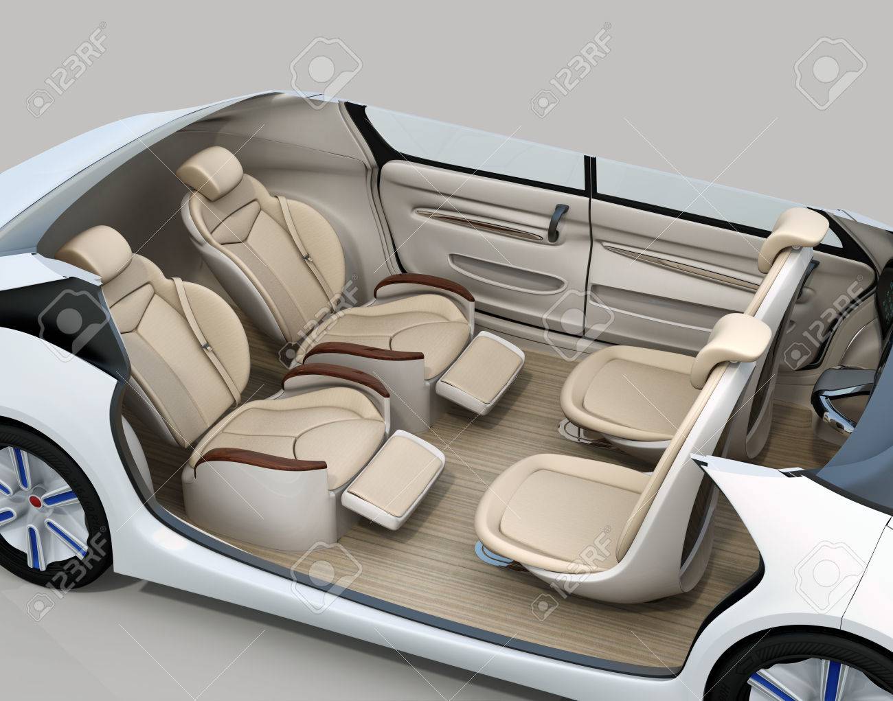 自動運転車の断面図イメージです フロント シートは後方に向けるし 後部座席が豪華なリクライニング マッサージ機能を持っています 3 D レンダリング イメージ の写真素材 画像素材 Image