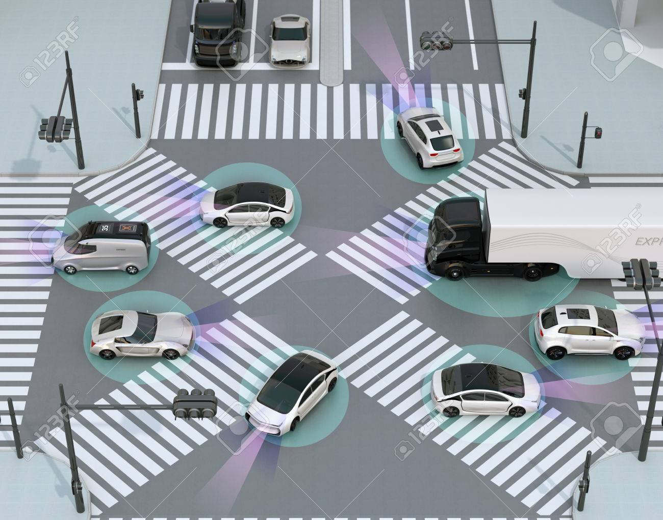 Smooth traffic in crossroad. Concept for advantage autonomous technology. 3D rendering image. - 74538781 Smooth traffic in crossroad. Concept for advantage autonomous technology. 3D rendering image. - 74538781