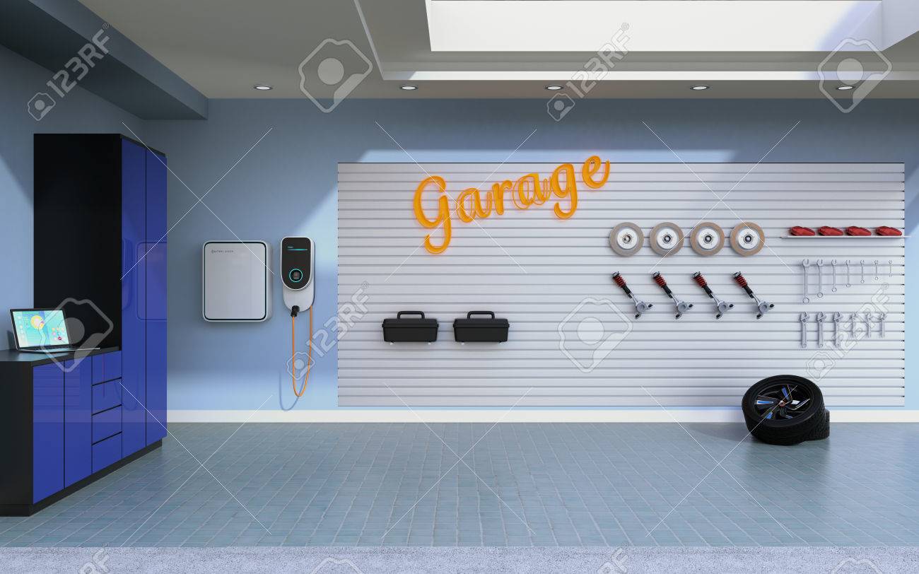 Side view of empty residential garage with electric vehicle charging station. 3D rendering image. - 76944714 Side view of empty residential garage with electric vehicle charging station. 3D rendering image. - 76944714