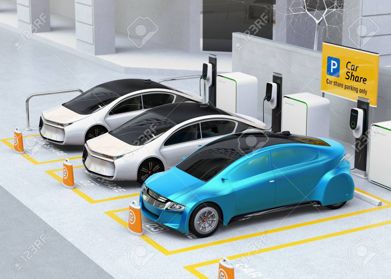 Autonomous vehicles in parking lot for sharing. Car sharing business concept. 3D rendering image. - 78084145 Autonomous vehicles in parking lot for sharing. Car sharing business concept. 3D rendering image. - 78084145