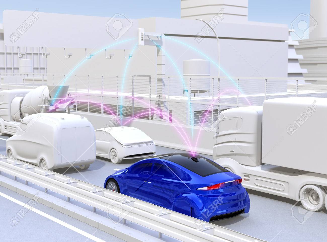 Cars sharing traffic information by connected car function. 3D rendering image. - 79003421 Cars sharing traffic information by connected car function. 3D rendering image. - 79003421
