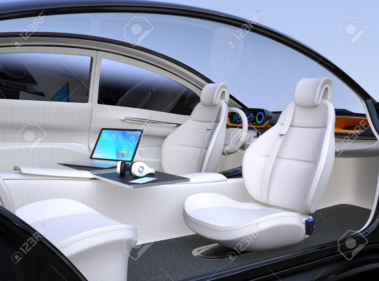 autonomous car interior front seats turned around laptop pc auto mobile office