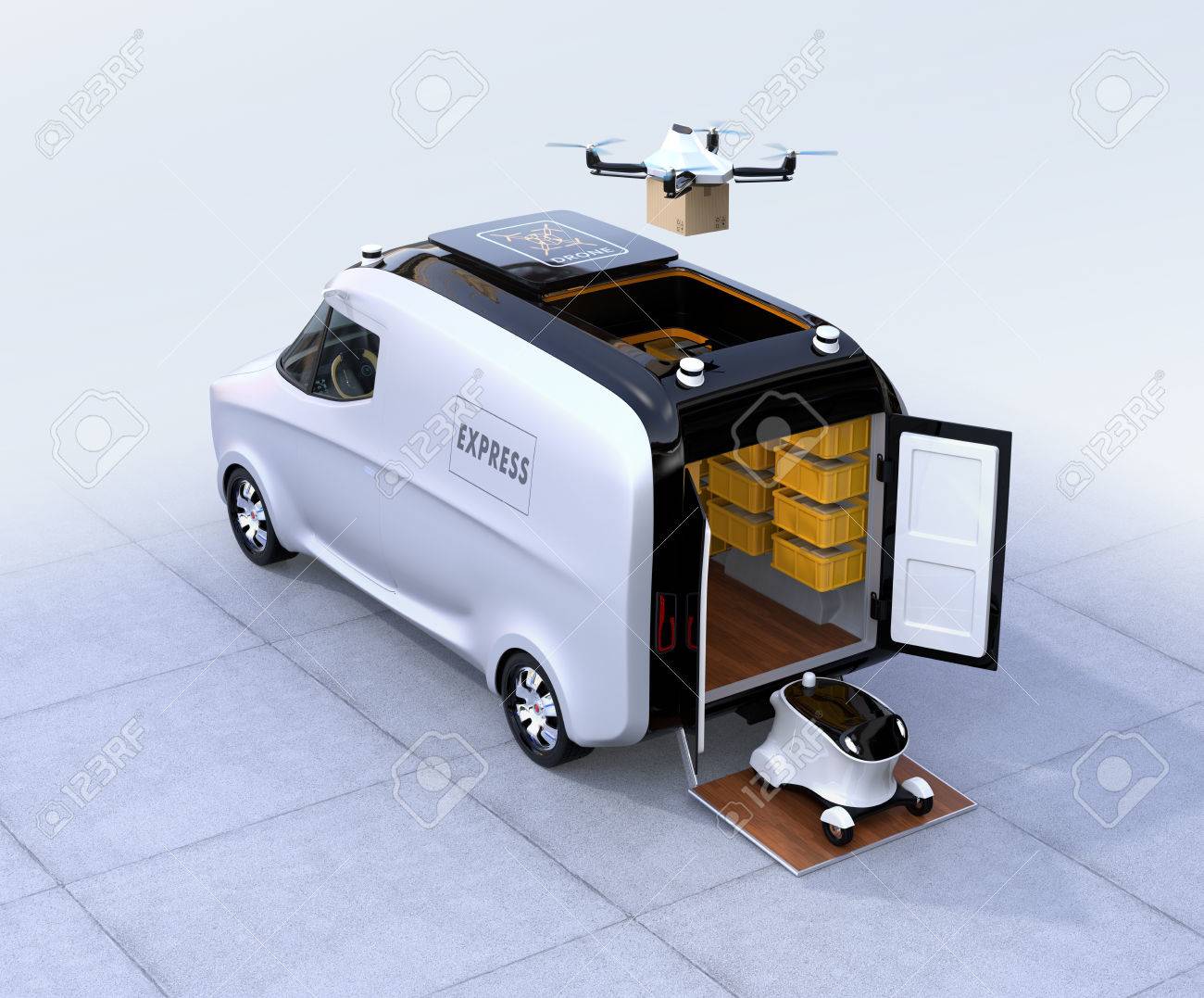 Self-driving van, drone and robot. Automatic delivery system concept. 3D rendering image. - 81802779 Self-driving van, drone and robot. Automatic delivery system concept. 3D rendering image. - 81802779