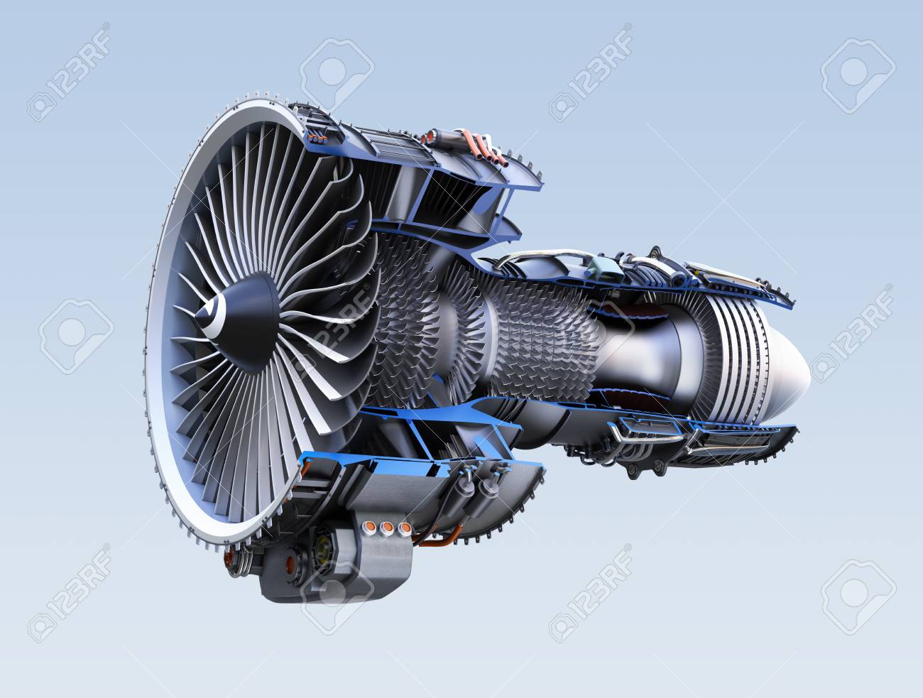 Cross section of turbofan jet engine isolated on light blue background. 3D rendering image. - 83191606 Cross section of turbofan jet engine isolated on light blue background. 3D rendering image. - 83191606
