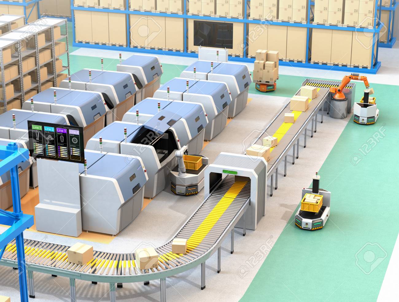 Smart factory equipped with AGV, robot carrier, 3D printers and robotic picking system. 3D rendering image. - 92781866 Smart factory equipped with AGV, robot carrier, 3D printers and robotic picking system. 3D rendering image. - 92781866