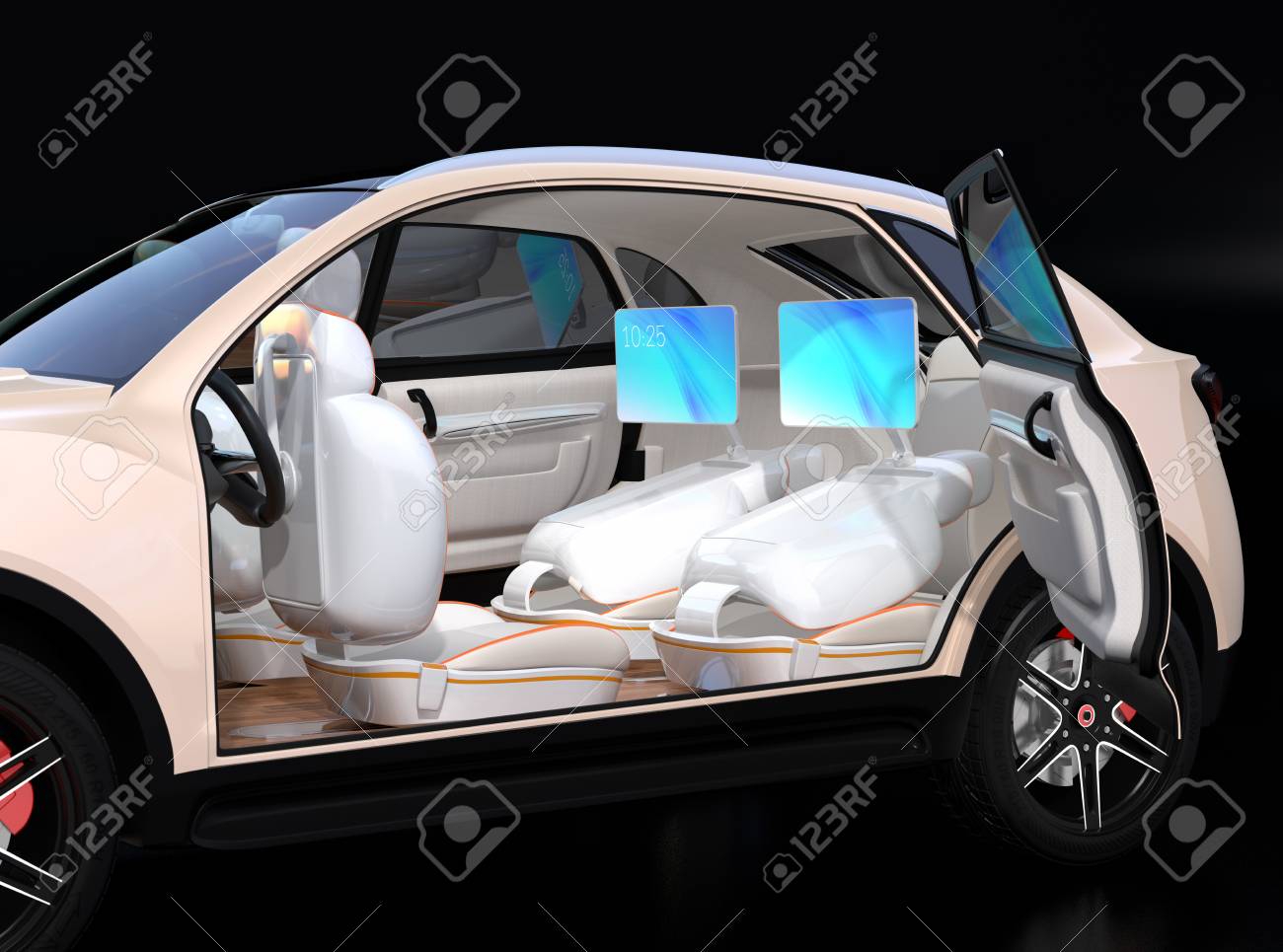 電気自動運転suv車のインテリアデザイン 乗客は後部座席のモニターでビデオ会議を持っています 車の新しいビジネスワークスタイルのコンセプト 3d レンダリング イメージ の写真素材 画像素材 Image