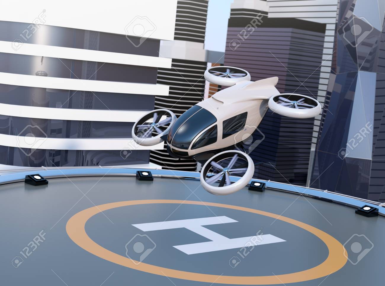 White self-driving passenger drone takeoff and landing on the helipad. 3D rendering image. - 99020047 White self-driving passenger drone takeoff and landing on the helipad. 3D rendering image. - 99020047