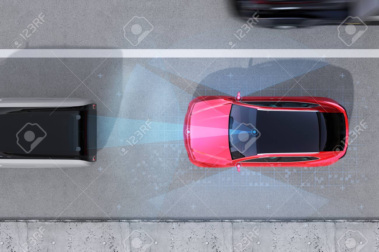 Aerial view of red SUV emergency braking to avoid car crash. Automatic Emergency Braking (Emergency brake system) concept. 3D rendering image. - 101894518 Aerial view of red SUV emergency braking to avoid car crash. Automatic Emergency Braking (Emergency brake system) concept. 3D rendering image. - 101894518