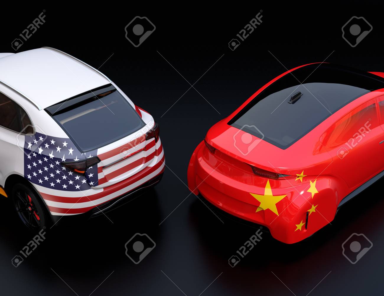 Two Cars With China And Us Flags On Rear Side Black Background