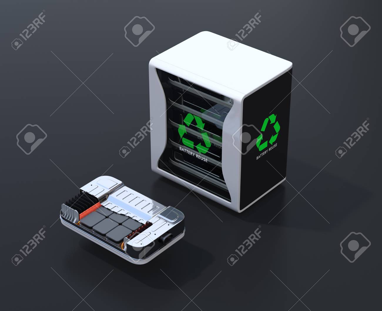 Reused electric vehicle batteries component system with EV battery package cutaway view. Black background. EV batteries recycle concept. 3D rendering image. - 110572604 Reused electric vehicle batteries component system with EV battery package cutaway view. Black background. EV batteries recycle concept. 3D rendering image. - 110572604