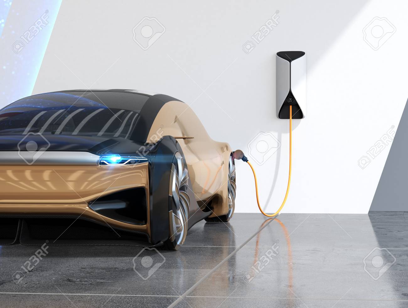 Close-up metallic gold electric car charging in charging station. 3D rendering image. - 119720568 Close-up metallic gold electric car charging in charging station. 3D rendering image. - 119720568
