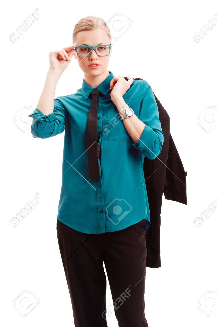 Ernst Geschaftsfrau Die Jacke Auf Schulter Uber Weissen Hintergrund Lizenzfreie Fotos Bilder Und Stock Fotografie Image 17606784