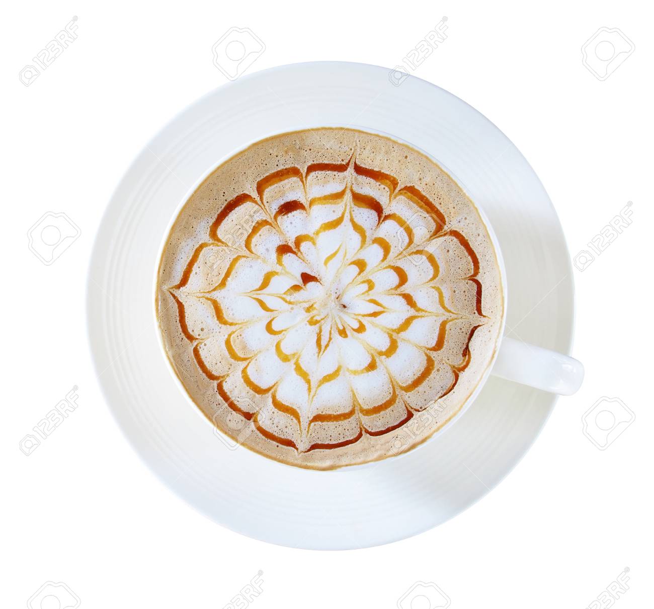 Top View Of Hot Coffee Caramel Macchiato Cappuccino Cup Isolated Top View Of Hot Coffee Caramel Macchiato Cappuccino Cup Isolated