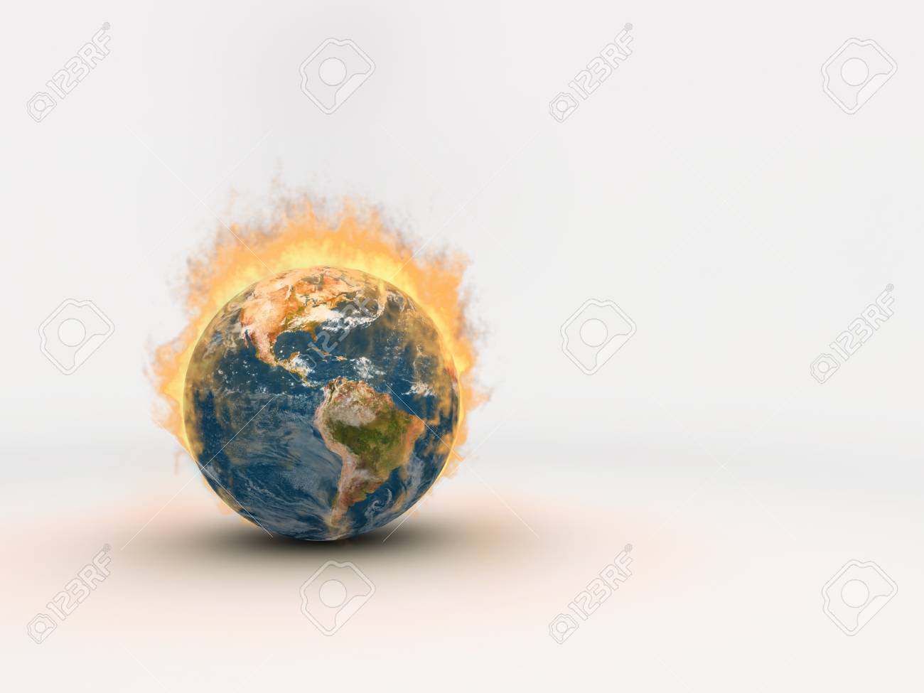 高に達する炎の火の惑星地球 燃えるような地球はコピーや