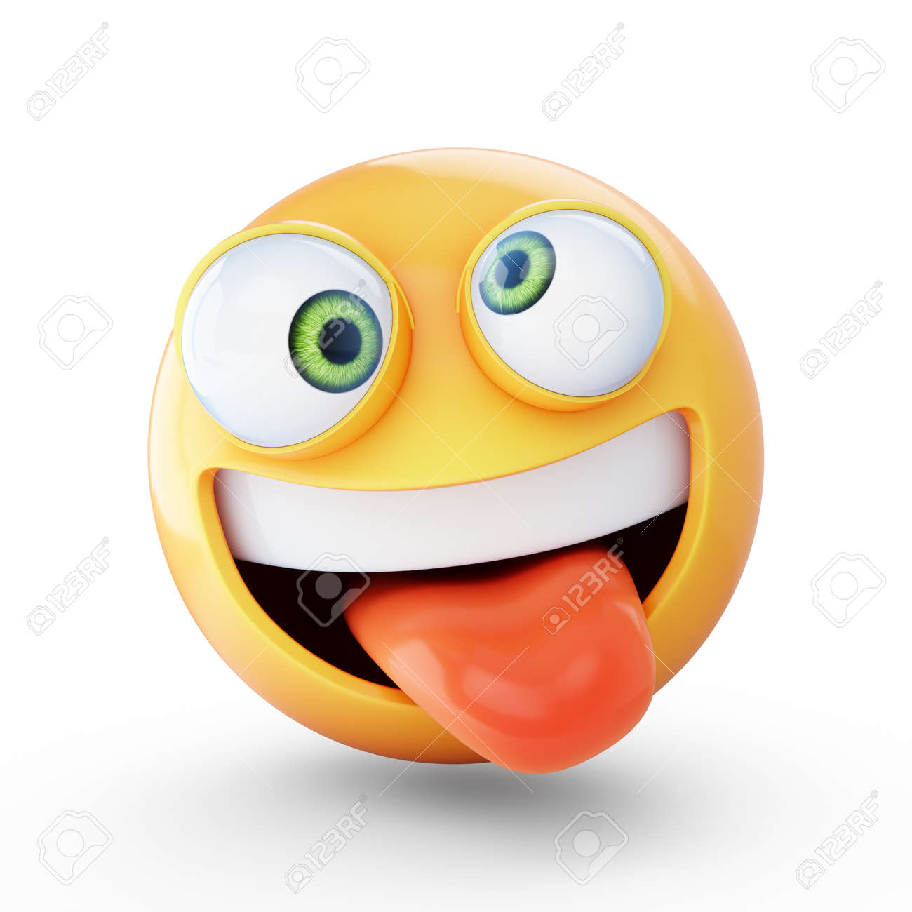 Crazy emoji isolated on white background, silly face emoticon 3d rendering  Stock Illustration