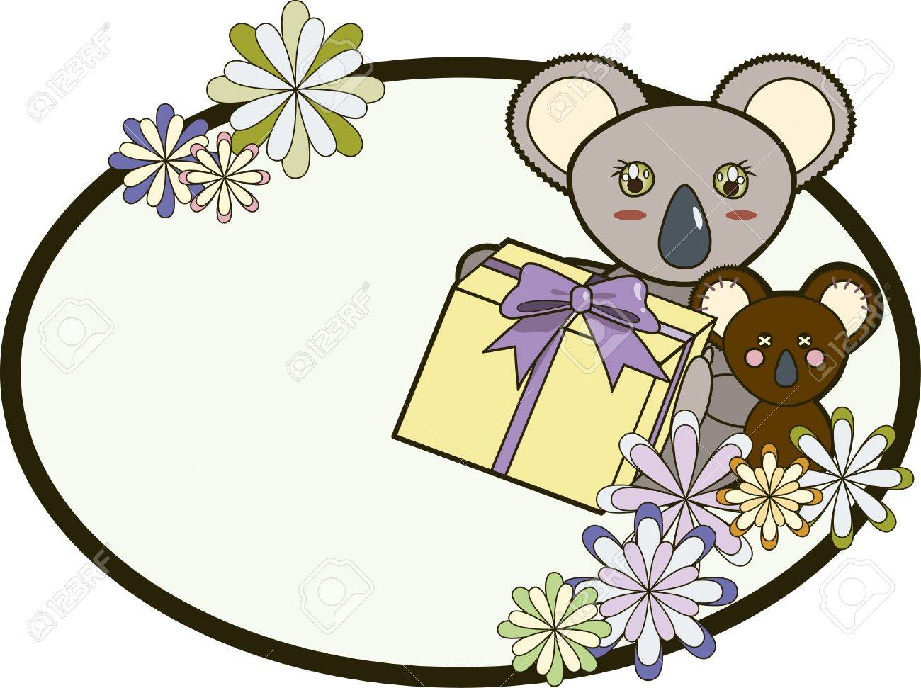 楕円形フレームにカラフルな花の後ろの両方グッズ コアラの隣に座っているリボンでプレゼントを持ってかわいいコアラのイラスト素材 ベクタ Image