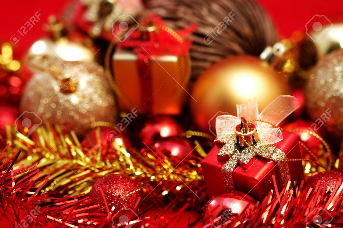 Christmas Items In Red And Gold Theme Background For Celebrate Merry  Christmas And Happy New Year Stock Photo, Picture and Royalty Free Image.  Image 68643719., image size:1300x866