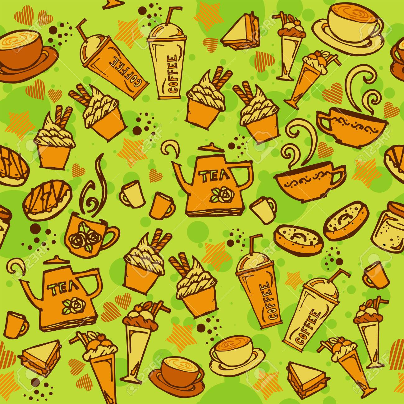 Divers Cafe Gateau Cupcake Sandwich Biscuit Aperitif Et Boisson Transparente Motif Croquis Dessin Ligne Orange Ton Themes Et Fond Vert Clip Art Libres De Droits Vecteurs Et Illustration Image