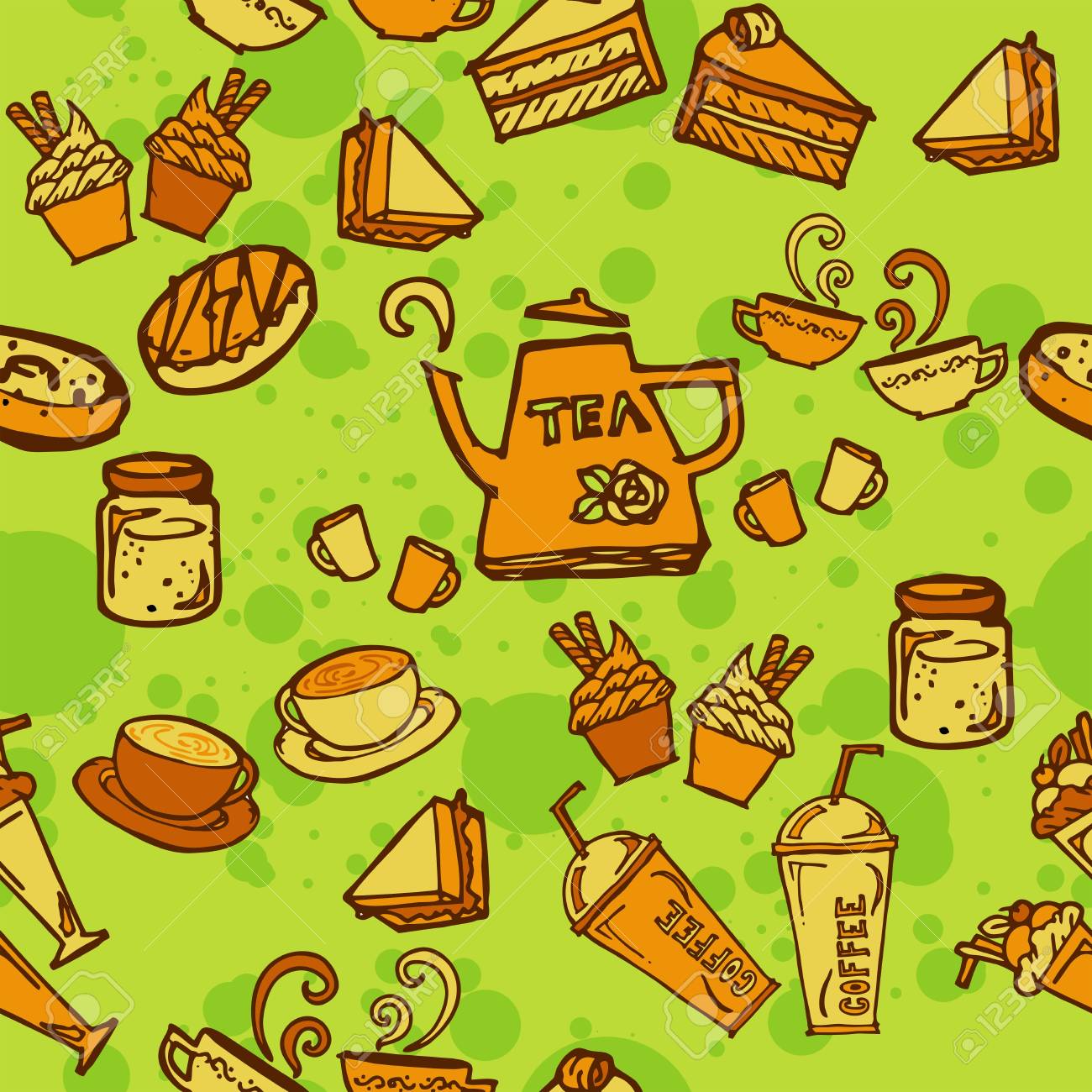 Divers Cafe Gateau Cupcake Sandwich Biscuit Aperitif Et Boisson Transparente Motif Croquis Dessin Ligne Orange Ton Themes Et Fond Vert Clip Art Libres De Droits Vecteurs Et Illustration Image