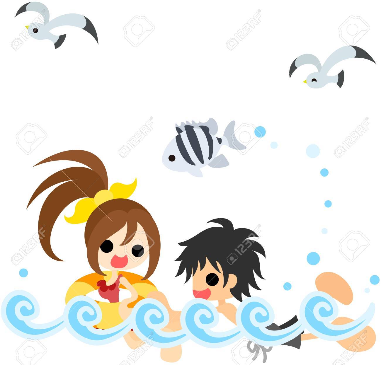 海水浴を楽しむ人の少年と少女のイラスト素材 ベクタ Image 海水浴を楽しむ人の少年と少女のイラスト素材 ベクタ Image